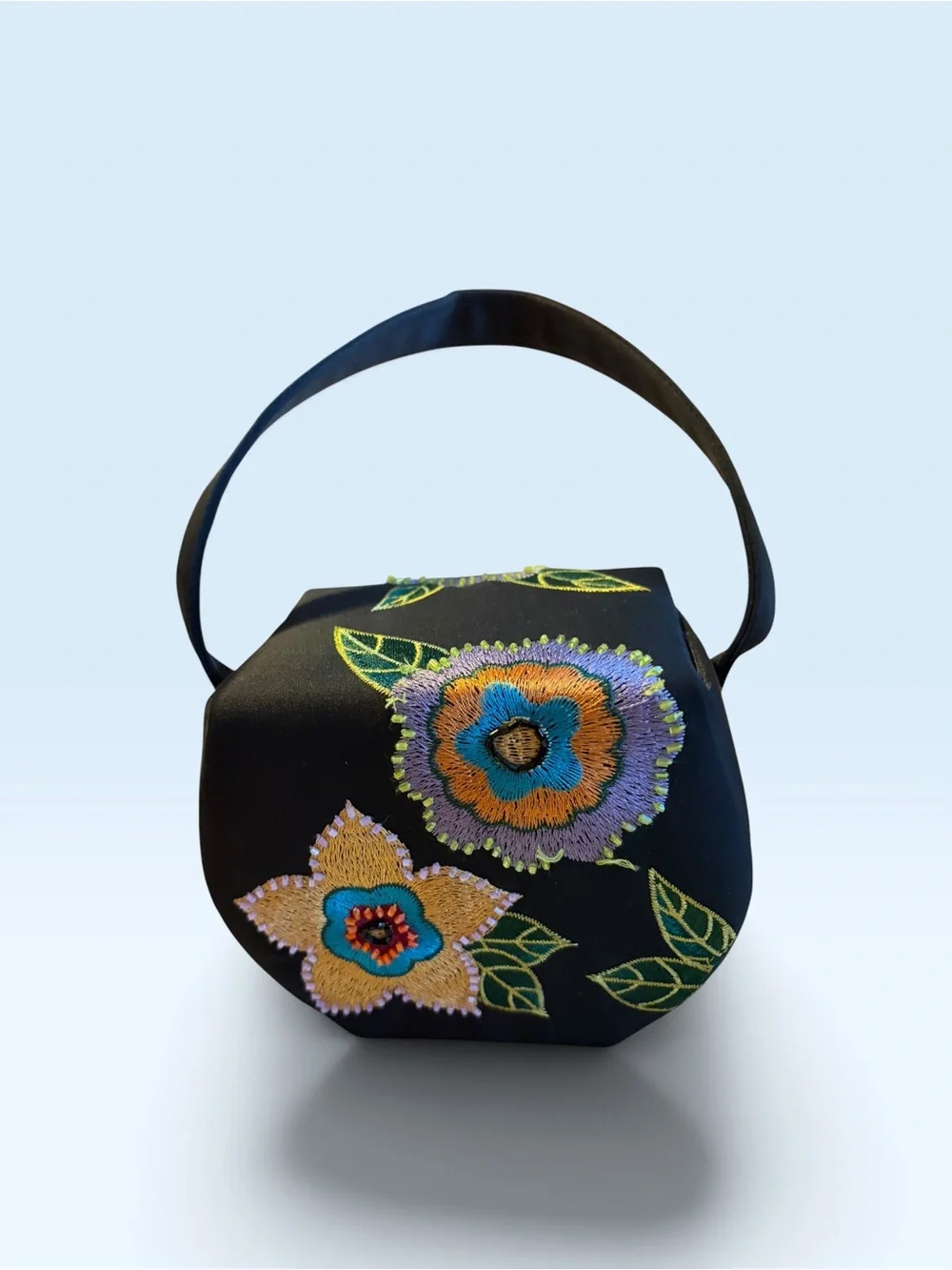 Black Embroidered Floral Clutch with Wristlet Strap